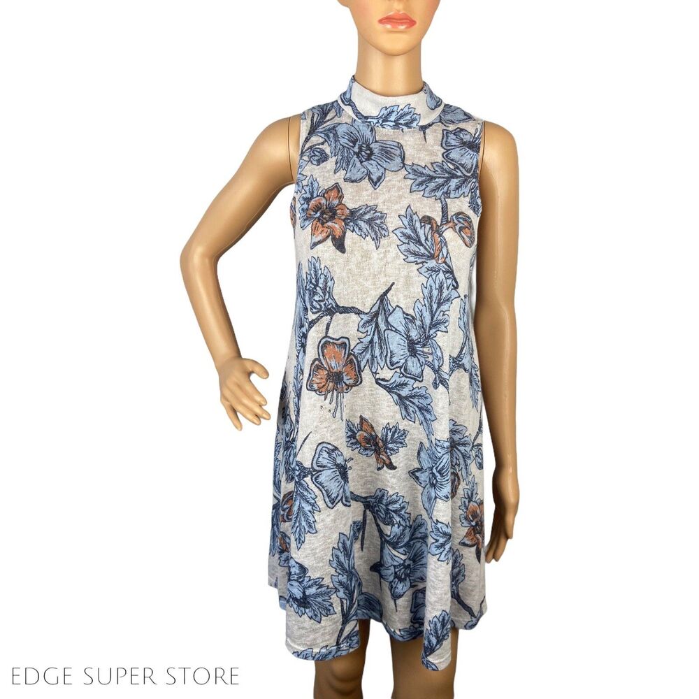Audrey 3+1 White Blue Floral Print Halter Neck Open Back Sleeveless Dress Small